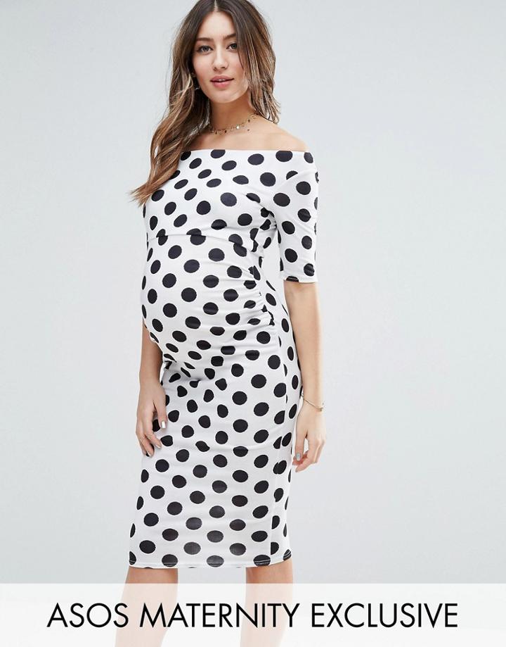 Asos Maternity Bardot Dress With Half Sleeve In White Base Spot - White