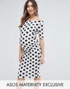 Asos Maternity Bardot Dress With Half Sleeve In White Base Spot - White