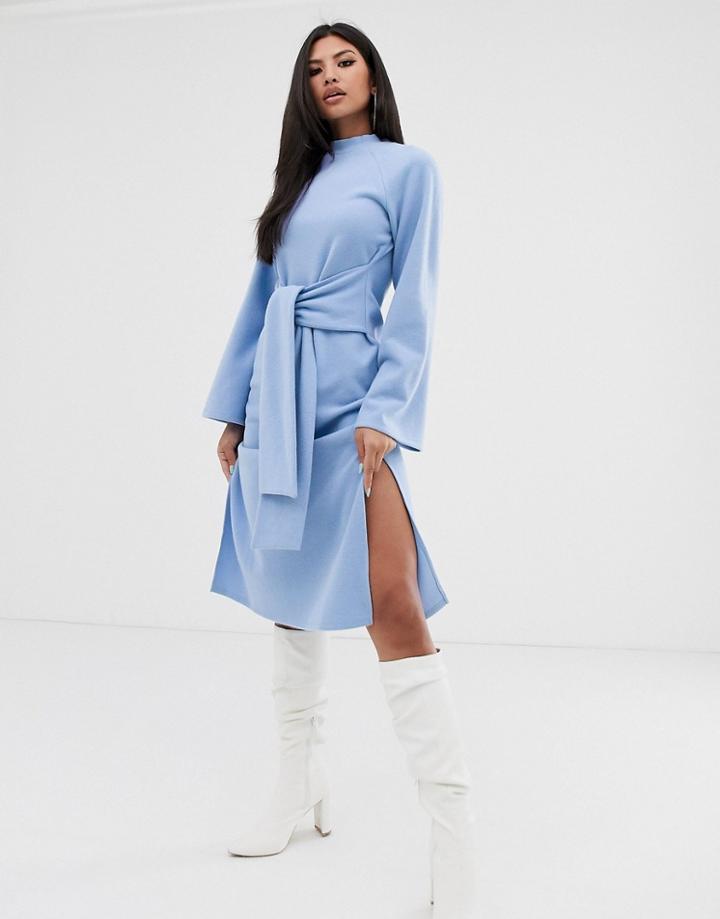 Asos Design Super Soft Crew Neck Tie Front Midi Dress-blue