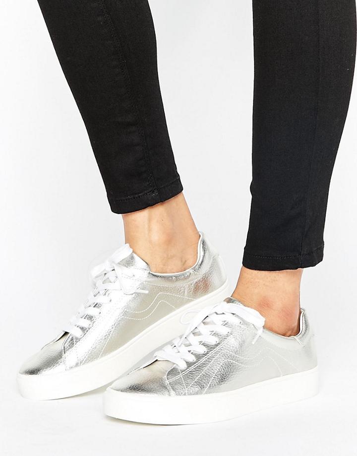 Mango Metallic Lace Up Trainer - Silver