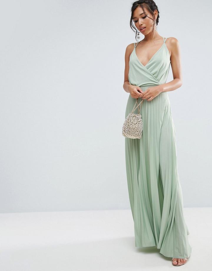 Asos Blouson Wrap Pleated Maxi Dress - Green