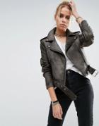 Asos Washed Leather Biker Jacket - Gray