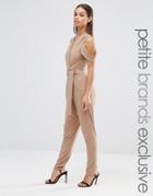 John Zack Petite Cutout Slinky Wrap Front Jumpsuit With Tie Waist - Camel