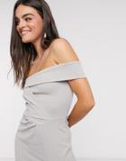 Little Mistress Bardot Gathered Front Bridesmaid Dress With Front Split In Light Gray-grey
