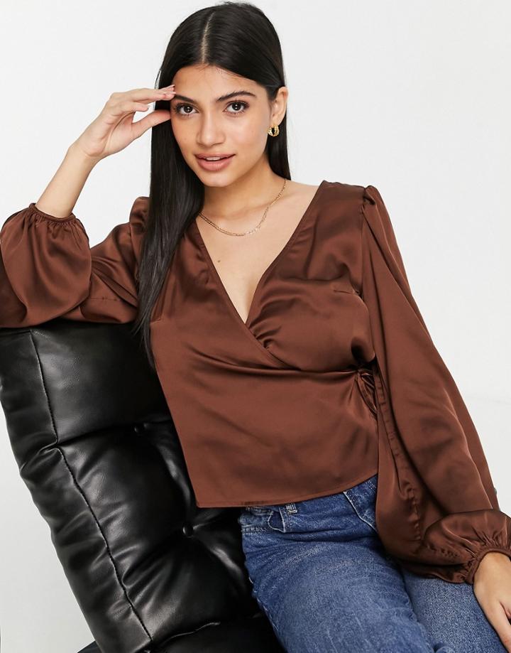 Monki Satin Wrap Blouse In Brown