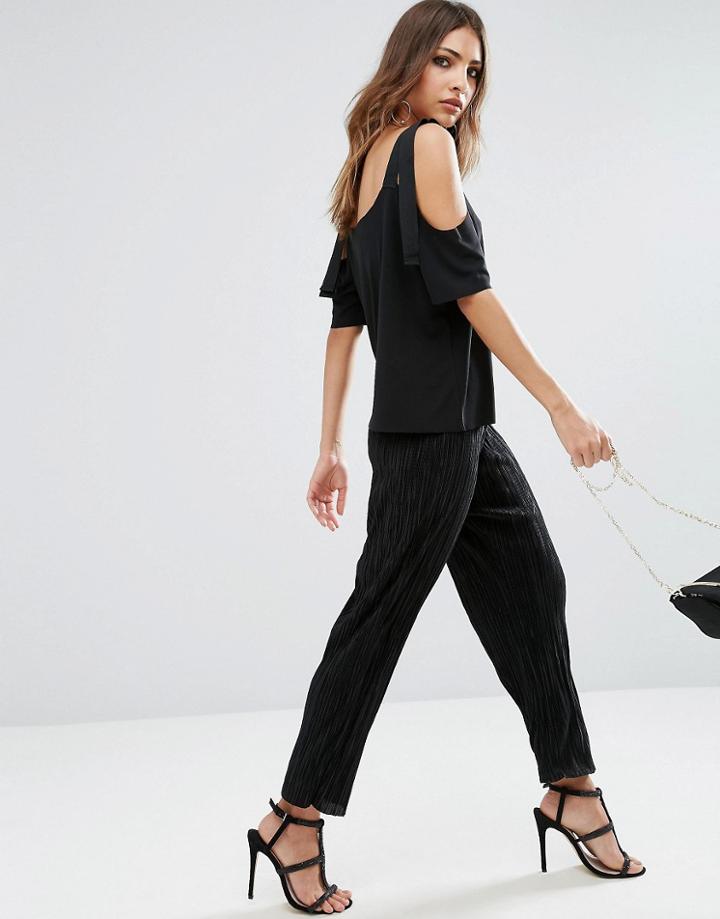 Asos Wide Leg Pleated Plisse Pants With Raw Hem - Black