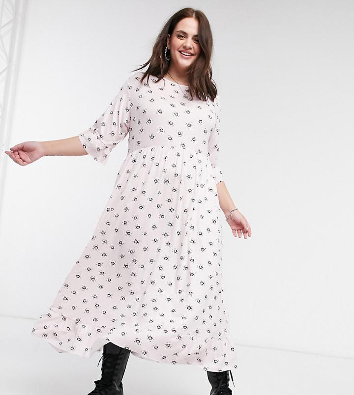 Rokoko Plus Maxi Smock Dress With Ruffle Hem In Vintage Daisy Print-pink