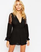 Asos 70's Romper With Blouson Sleeve And Lace Insert - Black