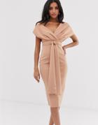 Asos Design Fallen Shoulder Midi Pencil Dress With Tie Detail - Pink