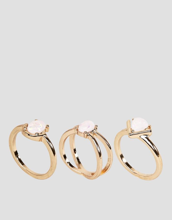 Asos Pack Of 3 Fine Opal Stone Rings - Gold