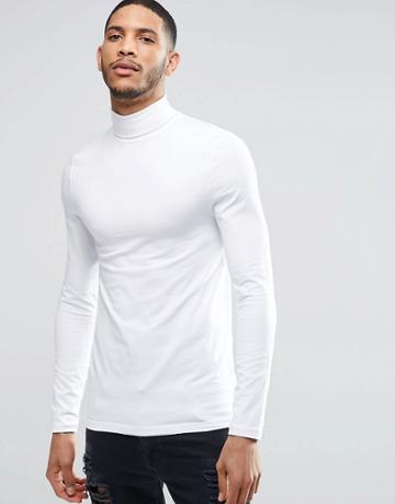 Asos Extreme Muscle Long Sleeve T-shirt With Roll Neck In White - Whit