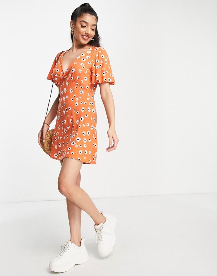 Stradivarius V-neck Mini Tea Dress In Red Floral Print