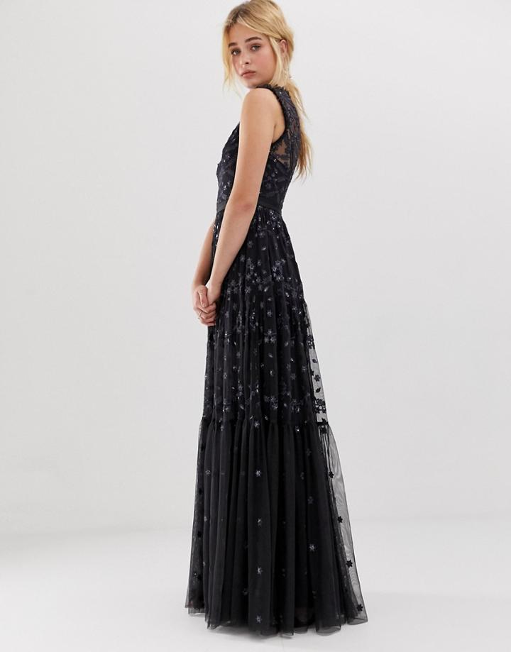 Needle & Thread Embroidered Lace Maxi Gown With High Neck In Graphite - Black
