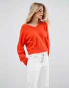 Asos Cropped Sweater With V Neck In Mohair Blend - Orange