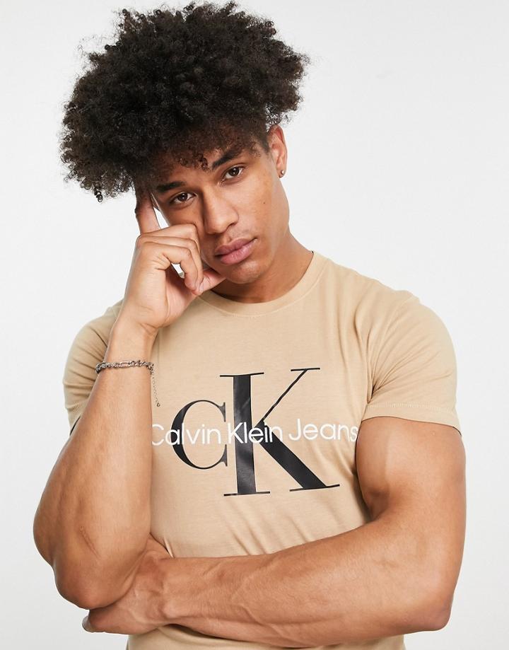 Calvin Klein Jeans Monogram Chest Logo Slim Fit T-shirt In Tan-brown