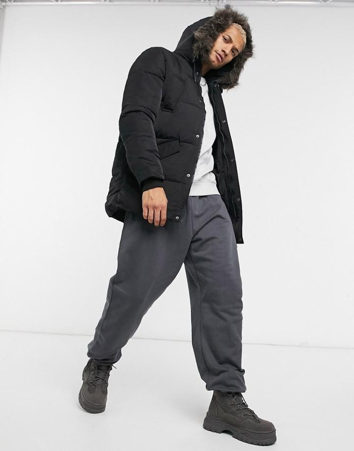 Asos Design Puffer Jacket With Faux Fur Hood In Black