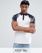 Asos Tall Polo With Contrast Raglan Pixel Floral Print Sleeves - White