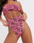 Asos Design Mix And Match Crinkle High Leg High Waist Bikini Bottom In Pink Zebra Print-multi
