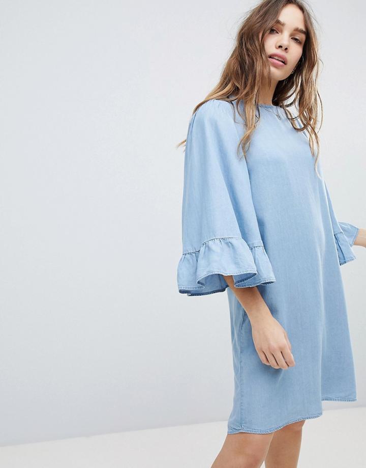 Only Denim Shift Dress Wth Ruffle Sleeve - Blue