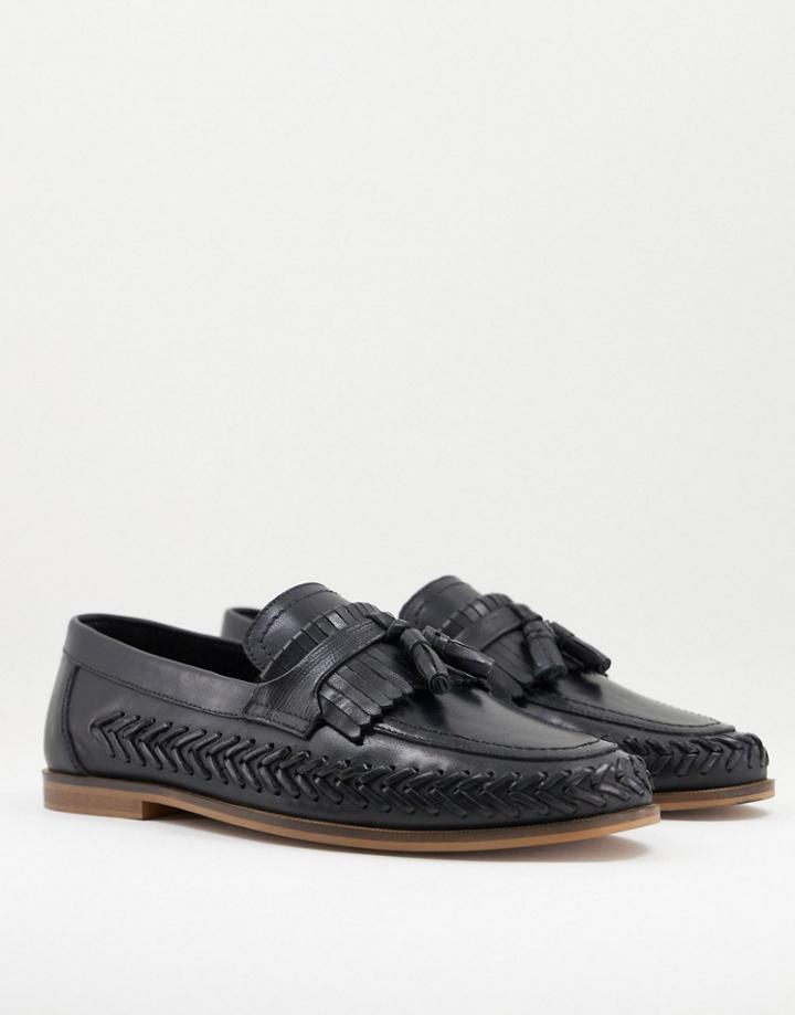 Walk London Arrow Woven Tassel Loafers In Black Leather