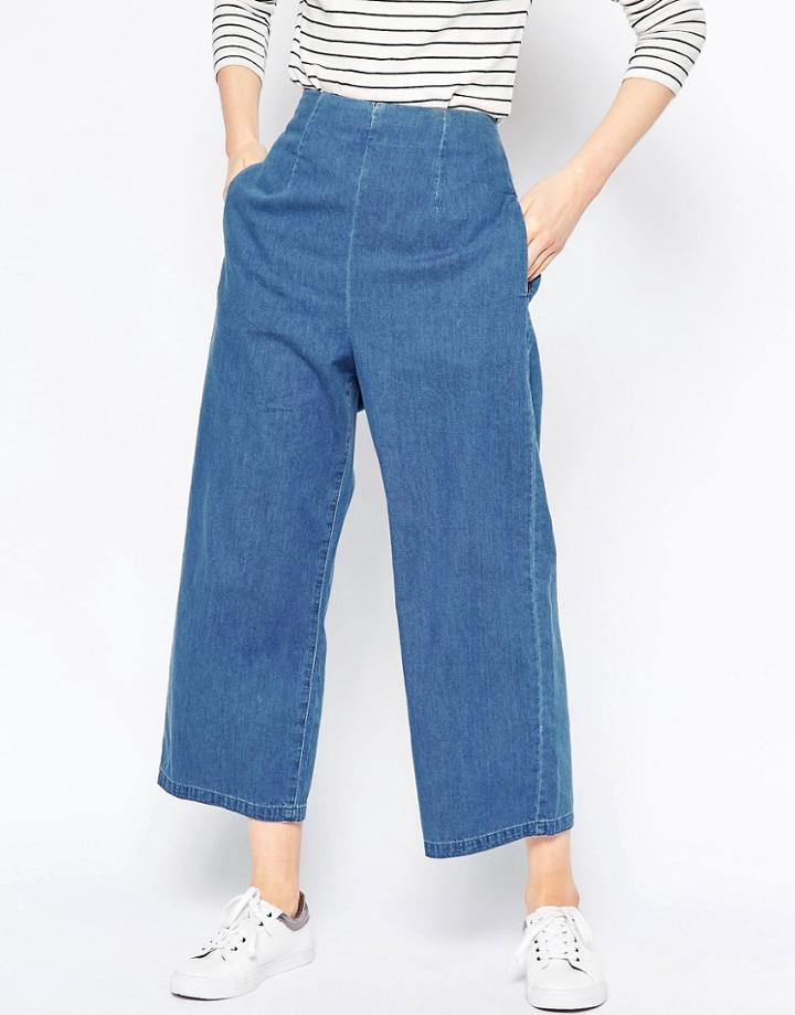 Asos Soft Wide Leg Jean With Zip Back In Light Stonewash - Mid Wash Blue