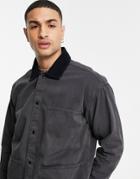 Pull & Bear Worker Jacket With Cord Collar In Black