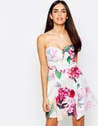 Lipsy Bandeau Prom Dress In Rose Print - White