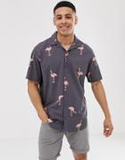 Jack & Jones Originals Revere Collar Short Sleeve Flamingo Print Shirt In Gray - Black