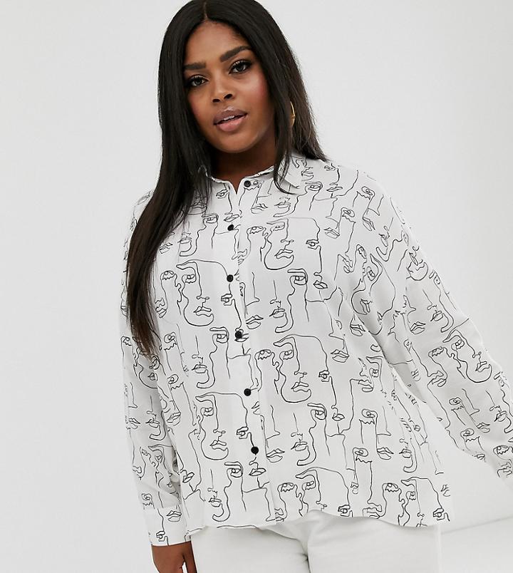 Asos Design Curve Long Sleeve Cropped Shirt In Sketchy Faces Print - Multi