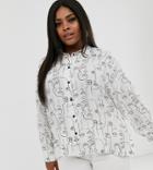 Asos Design Curve Long Sleeve Cropped Shirt In Sketchy Faces Print - Multi