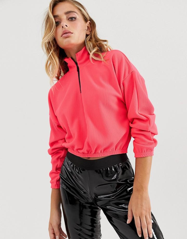 Asos Design Rib Sweatshirt With Zip Neck In Neon Pink - Pink