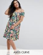 Asos Curve Cold Shoulder Sundress With Frill Detail In Tropical Print - Multi