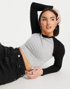 Asos Design Fitted Long Sleeve Top With Contrast Raglan In Gray With Black-grey