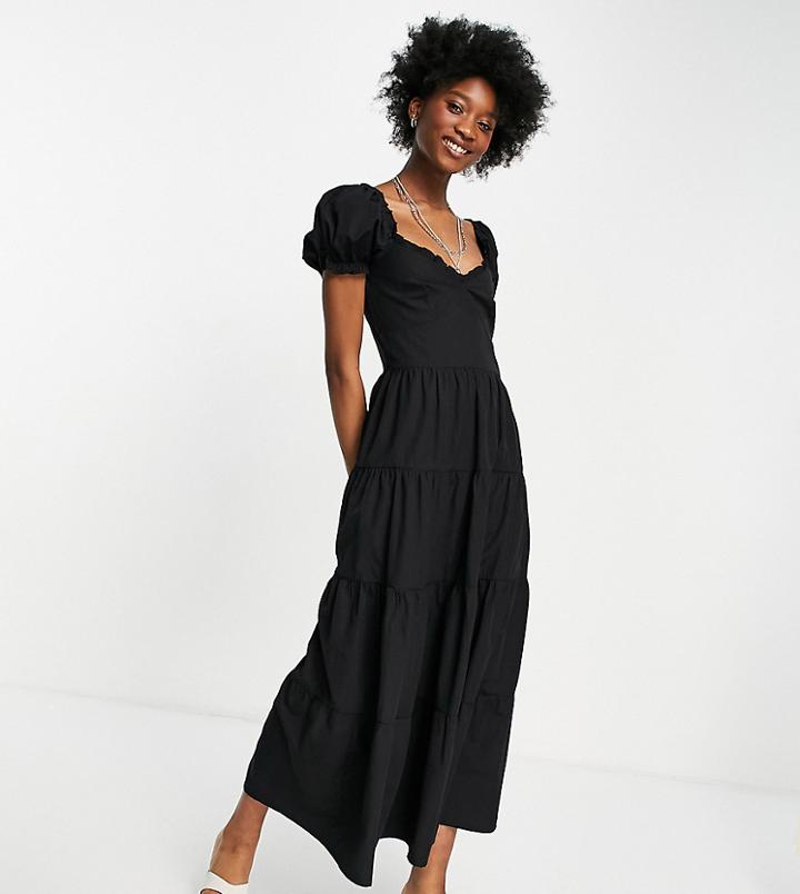 Stradivarius Milkmaid Poplin Dress With Puff Sleeves In Black