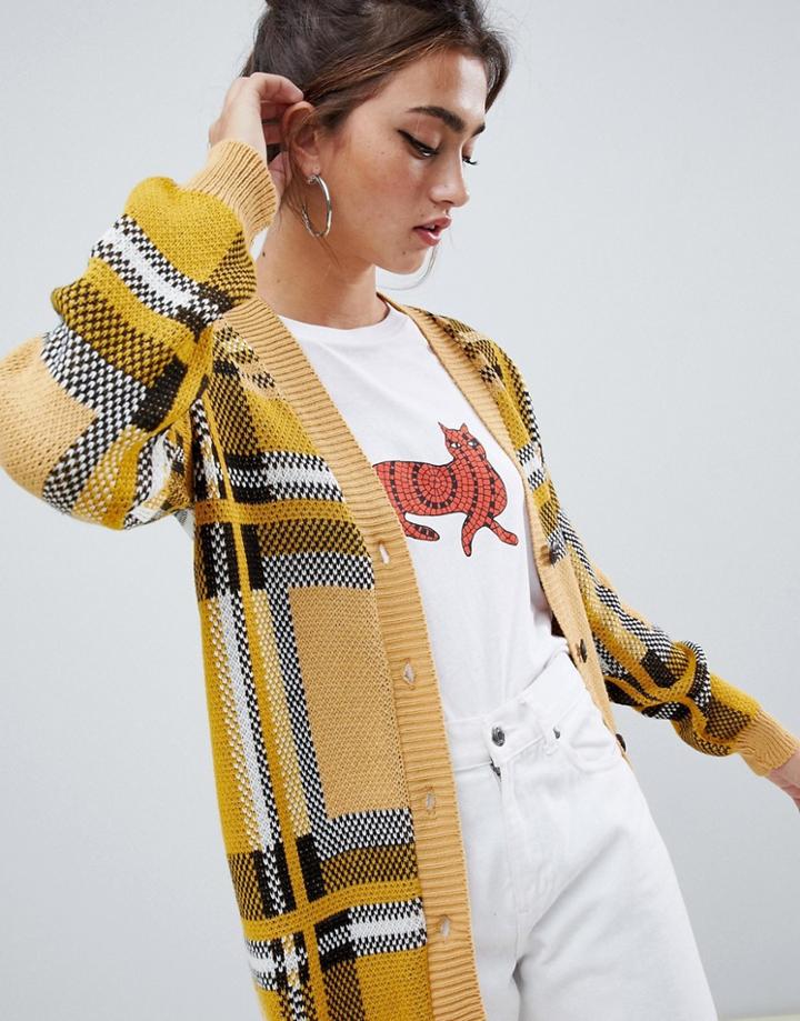 Daisy Street Relaxed Cardigan In Vintage Check - Beige