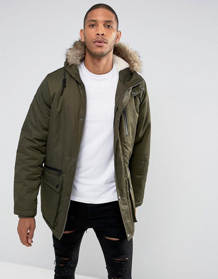 Thereadbare Faux Fur Fleece Lined Parka - Green