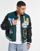 Mennace Varsity Bomber Jacket In Green And Black With Patches