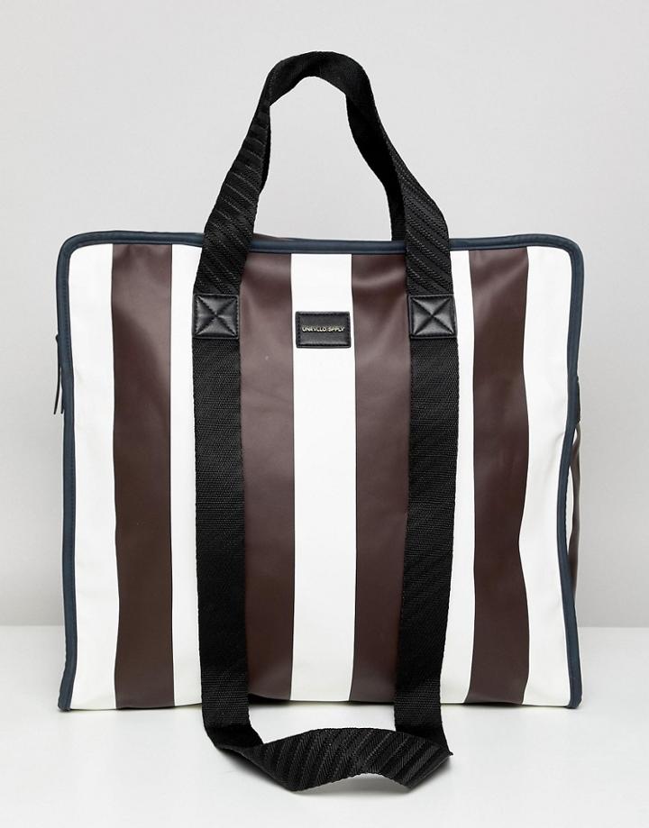 Asos Design Large Shopper Bag In White And Burgundy Stripe - White