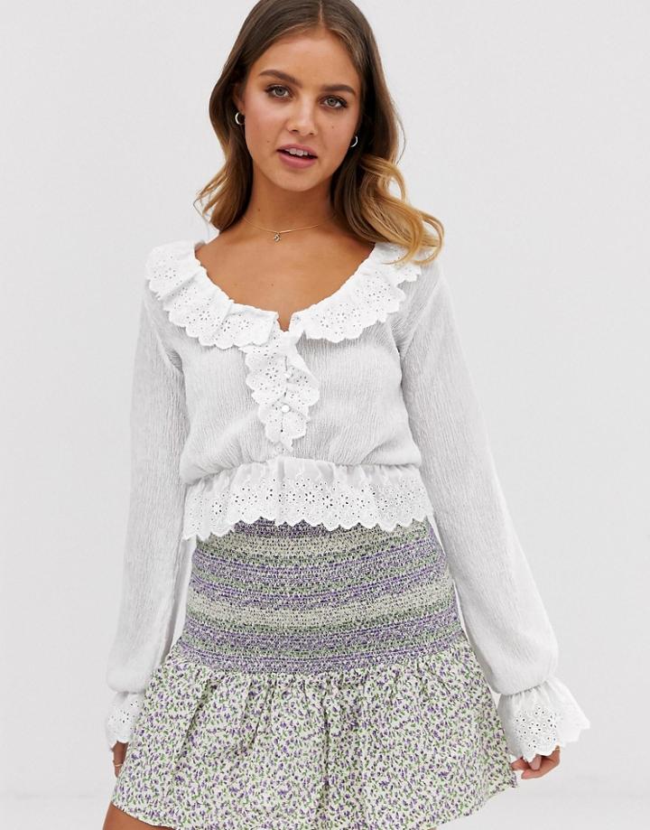 Asos Design Top In Crinkle With Ruffle Broiderie Trim - White
