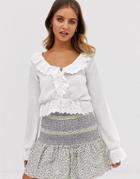 Asos Design Top In Crinkle With Ruffle Broiderie Trim - White