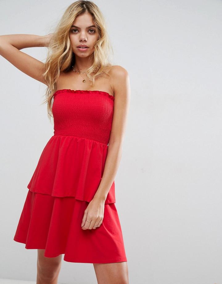 Asos Bandeau Shirred Mini Sundress With Peplum Hem - Red