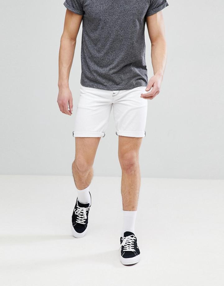 Asos Design Denim Shorts In Slim White Contrast Stitch - White