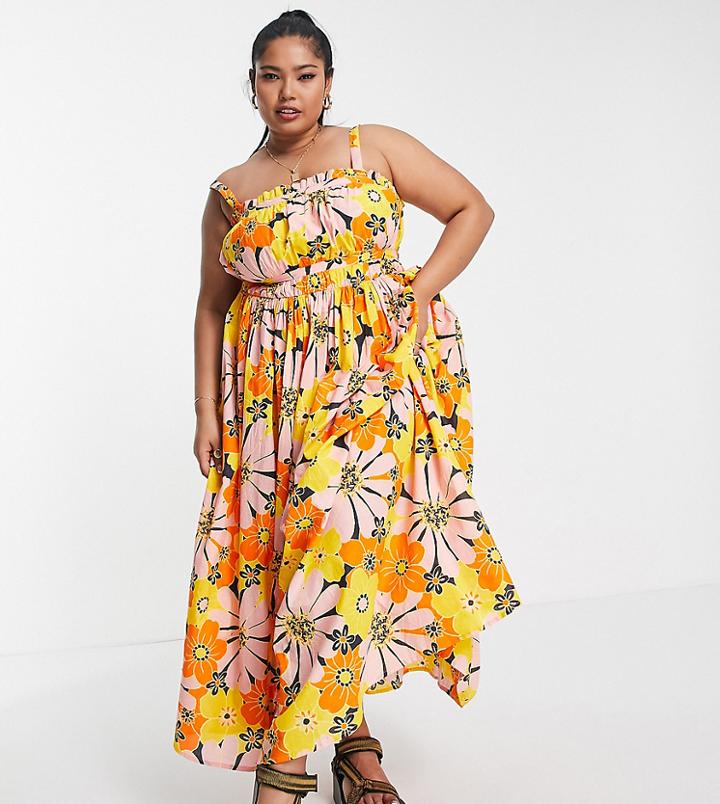Asos Design Curve Strappy Midi Skater Sundress In Bold Floral-multi