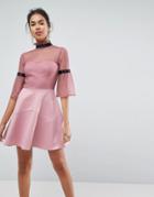 Asos Dobby High Neck Fluted Sleeve Mini Skater Dress - Pink