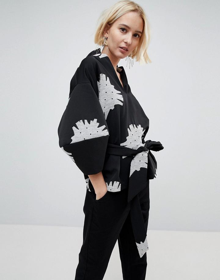 Asos White Mono Floral Structured Sleeve Top - Multi