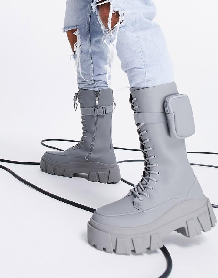 Asos Design High Lace Up Calf Boots In Gray Faux Leather On Chunky Sole With Pocket Detail-grey