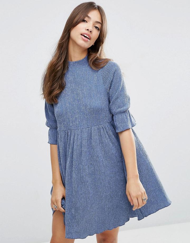Asos Smock Dress In Denim Textured Fabric - Blue