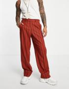 Asos Design Wide Smart Pants With Deep Turn Up In Rust Stripe-auburn