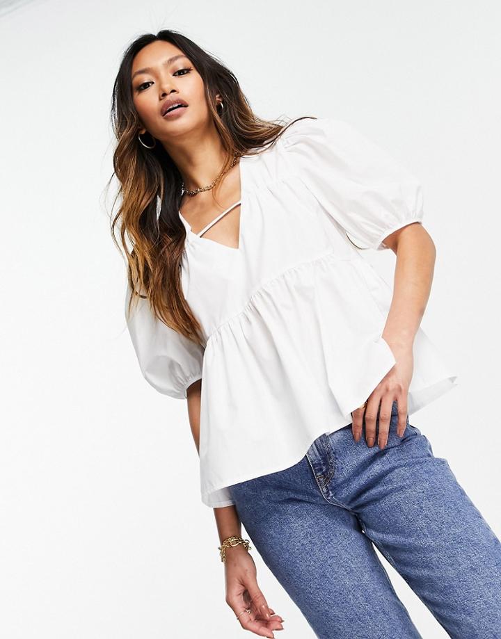 Asos Design Smock Top With V Neck In White