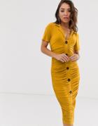 Asos Design Midi Ruched Dress With Buttons - Yellow
